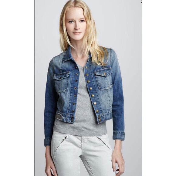 Current/Elliott Jackets & Blazers - Current Elliott Womens Denim Snap Jacket in Juke Box Repair Size 0 Jean Distress